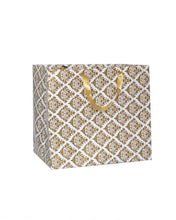 Load image into Gallery viewer, Cake-Box-Size White & Gold Printed Paper Carry Bag - (11 * 10 * 8 Inches) (Pack of 5) (Golden Flower Satin)